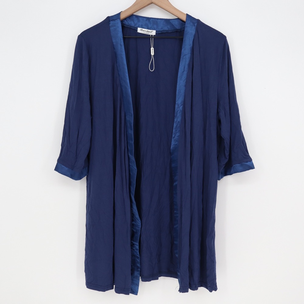 Bearsland Robe Womens XL Open Front Navy Blue Satin Trim New Without Tags